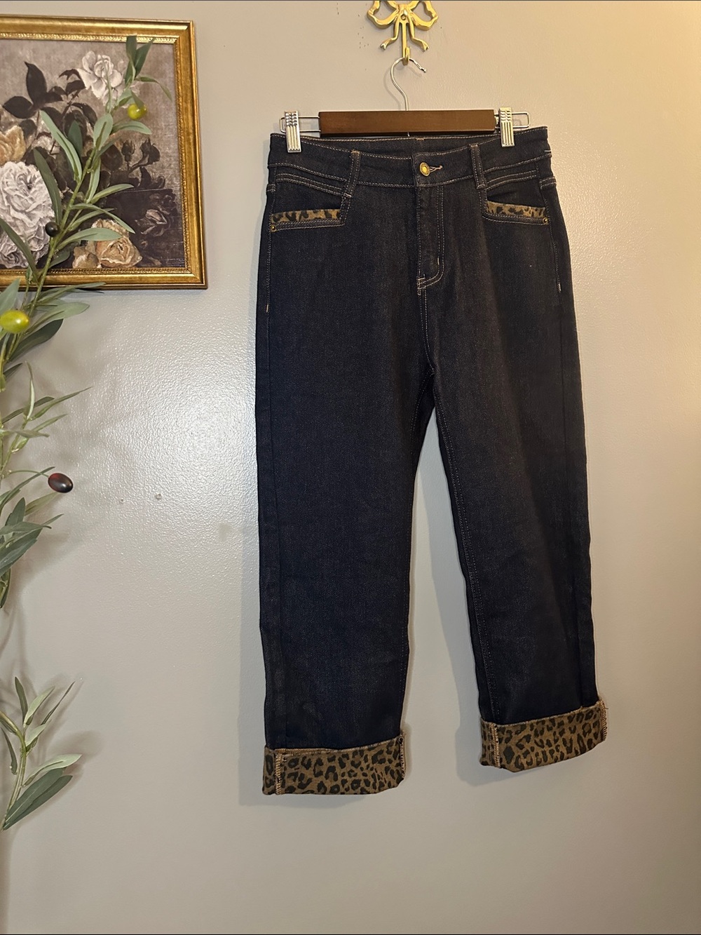 Leopard Cuff Capri Jeans L Dark Wash Stretch Denim Y2K Rockabilly - Picture 6 of 9